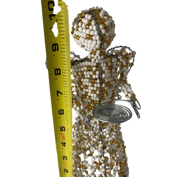 Handcrafted Beaded Angel Figurine Wire Frame White Gold Beads Zuni Style 10 " - Picture 6 of 7